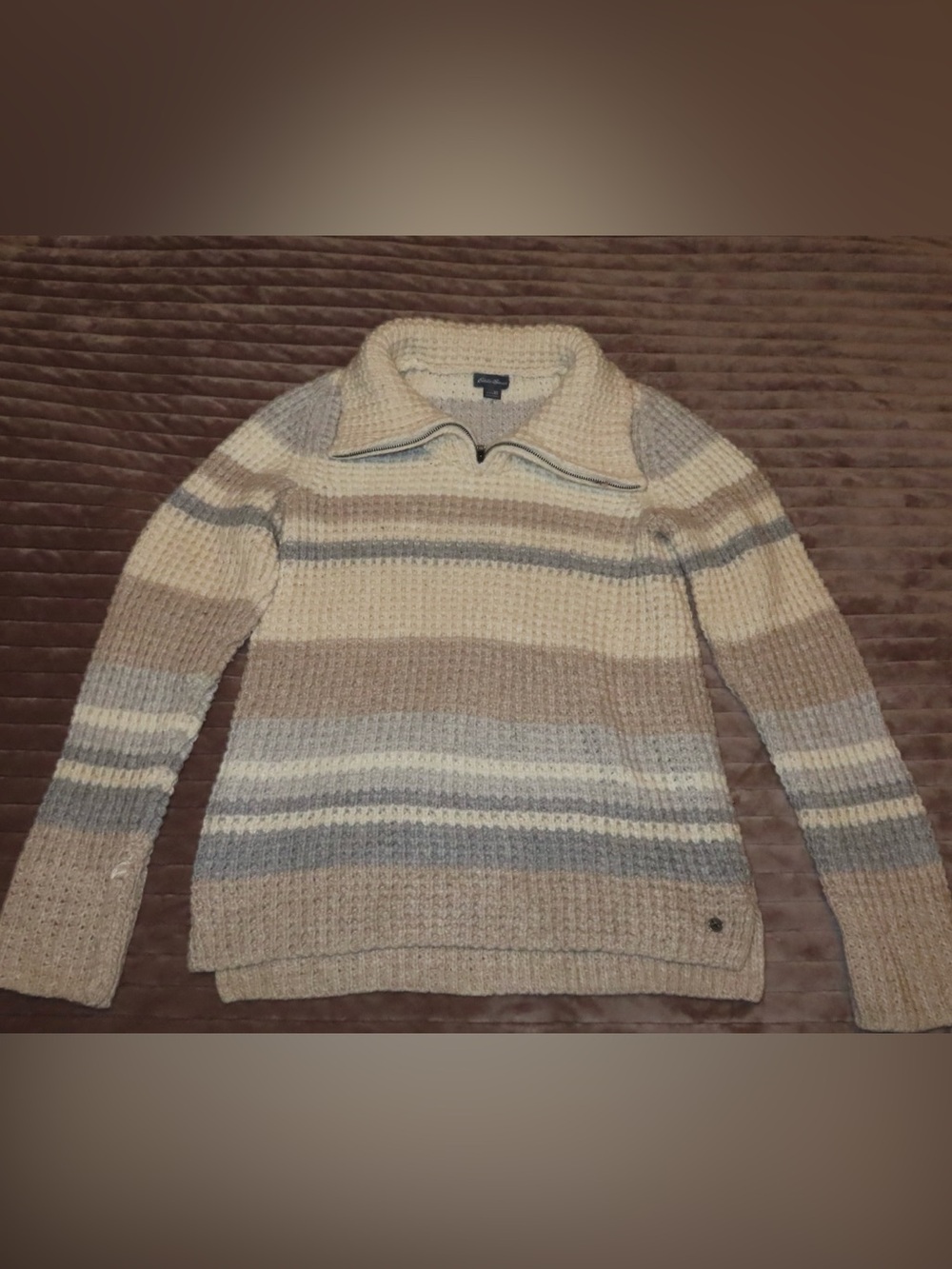 Eddie Bauer Neutral Striped Knit Quarter-Zip Sweater in Beige and Gray - XS